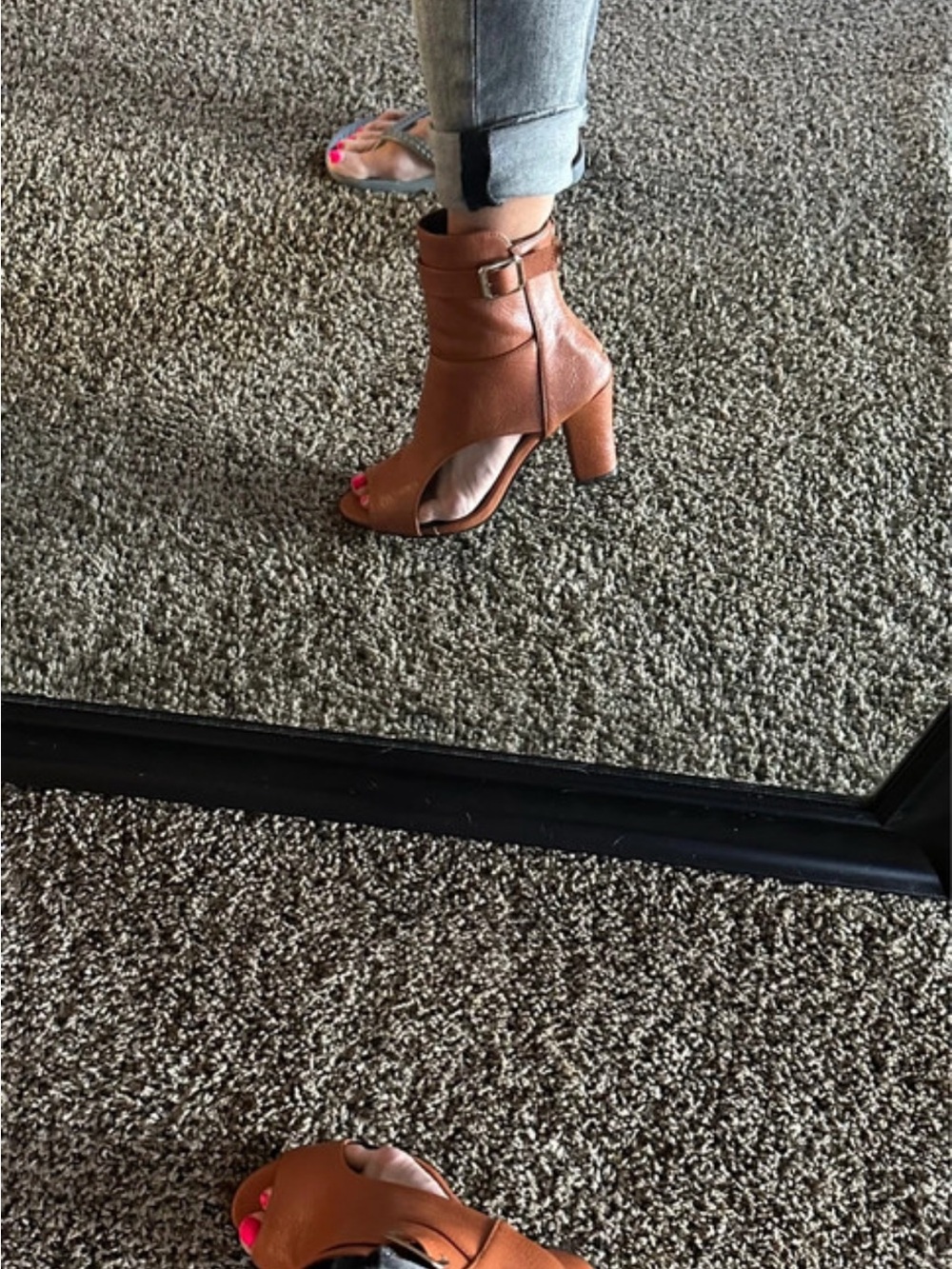 Women’s Brown Peep-Toe Ankle Boots with Buckle